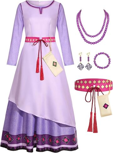 RKKVQP Wish Asha Costume Women Adult Princess Dress Up Movie Heroine Cosplay Long Sleeve Purple Dress with Accessories in Kuwait
