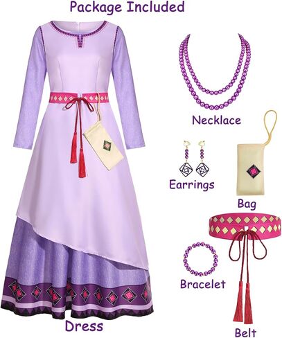 RKKVQP Wish Asha Costume Women Adult Princess Dress Up Movie Heroine Cosplay Long Sleeve Purple Dress with Accessories in Kuwait