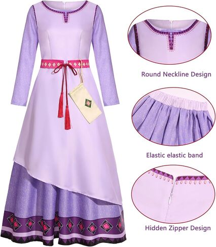 RKKVQP Wish Asha Costume Women Adult Princess Dress Up Movie Heroine Cosplay Long Sleeve Purple Dress with Accessories in Kuwait