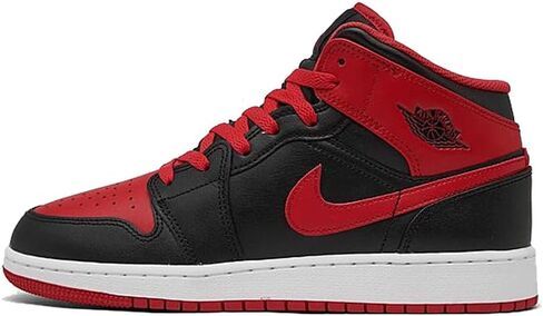 حذاء Nike Air Jordan 1 MID للأولاد، أسود/أحمر ناري-أبيض، 3.5 طفل كبير in Saudi Arabia
