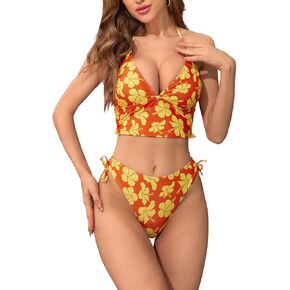 SweatyRocks Women's Spaghetti Strap Halter Tie Swimsuit Floral Printed Cute 2 Piece Bikini Set