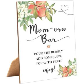 White Floral Peach Mom-osa Bar Sign for Baby Shower, 1 Pack Wooden Sign with Stand Tabletop Decor, Baby Shower Drinks Table Sign, Baby Shower Decoration, Gender Neutral Party Supplies - LE09