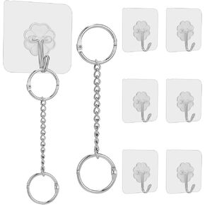 Delur 6 Pack Adhesive Wall Hooks & 2Pcs 10 Inch S-Hook Hanging Chain, Self Adhesive Ceiling Hook Sticky Heavy Duty 11lb(Max) for Stained Glass Window, Picture Hanging & Planters