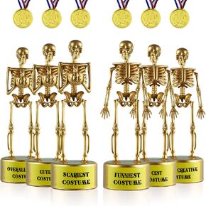 ASONA 12 Pcs Halloween Trophy Awards, 6 Skeleton Trophies 6 Award Medals, Costume Contest Trophies for Kids Adults, Halloween Party Supplies, Table Decorations Classroom Rewards, Treats for Kids