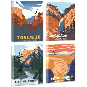 Vintage National Park Wall Art | National Park Painting Wall Decor, Natural Art Mountain Abstract Paint(8"x10"-4pcs Framed)