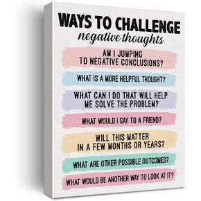 Challenging Negative Thoughts Mental Health Wall Art Canvas Painting Print Framed CBT Canvas Sign for Therapy Office Counselor Office Decor (12x15 Inch)