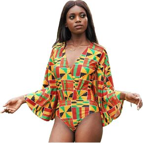 SHENBOLEN Women's African Tribal Swimwear Kente Print V Neck Bikini One Piece Swimwear