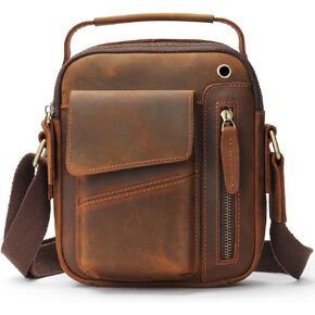 IVESIGN Men's Crossbody Bag,Satchel Shoulder Bag,Small Leather Messenger Bag,Crazy Horse Leather Handbag with Zipper (Big)