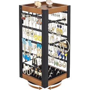 keomaisyto Rotating Earring Holder, Jewelry Holder Organizer with Ring Tray/Necklace/Bracelet Hooks, 360°Earring Organizer with Stable Bamboo Base for Jewelry Display, Easy Assembly
