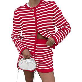Womens Striped 2 Piece Outfits Long Sleeve Crew Neck Button Lounge Short Set Casual Knit Sweater High Waist Shorts in Saudi Arabia