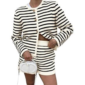 Womens Striped 2 Piece Outfits Long Sleeve Crew Neck Button Lounge Short Set Casual Knit Sweater High Waist Shorts