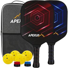 APEXUP 2 حزمة من مجاذيف كرة المخلل المصنوعة من الألياف الزجاجية، مجموعة من مجاديف كرة المخلل مع قبضة وسادة مريحة، 2 مضارب كرة مخلل، 4 كرات، منشفتي تبريد وحقيبة حمل