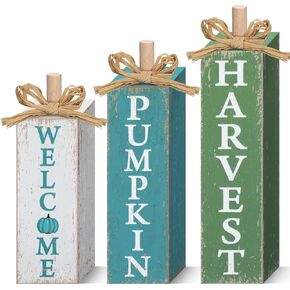 3 Pcs Fall Decorations for Home Blue Fall Wooden Tabletop Decor Farmhouse Thanksgiving Tiered Tray Decor Fall Table Block Sign Pumpkin Harvest Table Centerpieces for Autumn Harvest Decor