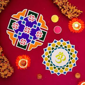 Satvik 2 Pc Different Design Portable MDF Rangoli 12 Inch Wooden Base Rangoli Stencil Rangoli Pallet for Floor Home Diwali Decoration, Pooja Decor DIY Reusable MDF Rangoli Mat with Wooden Base
