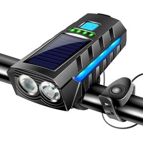 Reachargable Bike Lights, Bicycle Front Headlight for Night Ridding, Dual Lamp Solor Charging & Easy to Install for Phone Charging