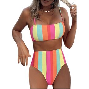 SOLY HUX Women's Bathing Suits Striped Spaghetti Strap High Waisted Bikini Sets Two Piece Swimsuit