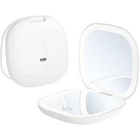 Portable Mini Compact Mirror 10X Magnifying, USB Charging with Two Sides LED Light and USB Charging Cable for Travel Use (White)