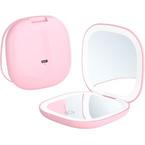 Portable Mini Compact Mirror 10X Magnifying, USB Charging with Two Sides LED Light and USB Charging Cable for Travel Use (White)