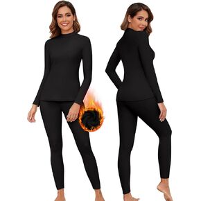 WOWENY Mock Neck Thermal Underwear Set For Women Long Johns Base Layer Fleece Lined Top And Bottom Cold Weather