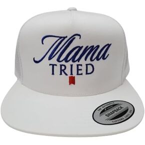 Mama Tried Trucker Mesh Snapback Flat Bill Hat Cap White Embroidered