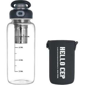 Borosilicate Glass drinking bottles,With Capacity Marker Water Bottle, 34oz Capacity, With Leak-Proof Lid, Stainless Steel Tea Strainer, BPA-Free For hot or cold drinks, coffee, tea and water