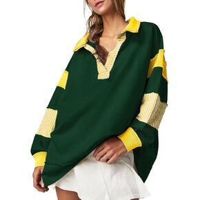BWQ Oversized Sweatshirt for Women Casual Color Block Long Sleeve V Neck Striped Loose Pullover Tops Fall Outfits