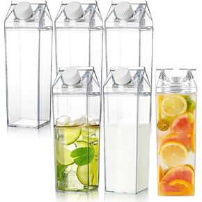 6 Pack Milk Carton Water Bottles 34oz/1000ml Leak Proof Plastic Water Bottle Reusable BPA Free Sports Water Bottle Carton Shaped Juice Milk Bottle for Gym Camping Hiking Travel Sports, Dishwasher Safe