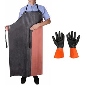 Rubber Apron Waterproof with Thick Rubber Gloves for Men and Women, Heavy Duty Butcher Apron with Adjustable Neck Pad, Chemical Aprons, Long Waterproof Apron for Dishwashing, Cleaning, Lab Work