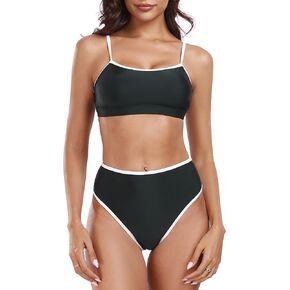 Women's High Waisted Bikini Sets Color Block Swimsuits Scoop Neck Two Piece Bathing Suits