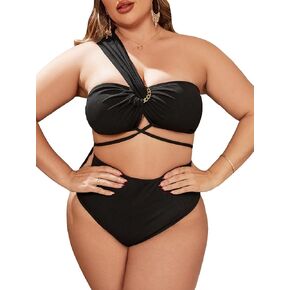 WDIRARA Women's Plus Size One Shoulder Bikini Swimsuit Criss Cross High Waisted 2 Piece Bathing Suit
