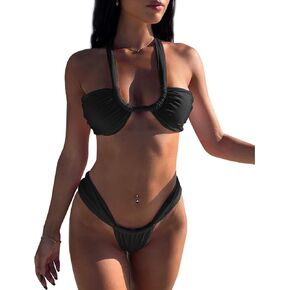 Women Thong Bikini Set Brazilian Two Piece Swimsuit High Cut Cheeky Bathing Suit Halter Triangle Top String Bottom