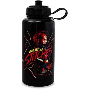 Child's Play 2 Chucky Snitches Get Stitches Water Bottle With Spill-Resistant Sports Cap Lid | Large Plastic Sports Jug | Holds 34 Ounces, red
