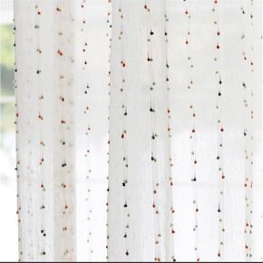 Faux Linen Colorful Pom Pom Sheer Curtains for Kids Room Embroidered Light Filtering Voile Drapes Rod Pocket Window Curtain Vintage Window Treatment 2 Panels (W52 X L84 Inch,White)