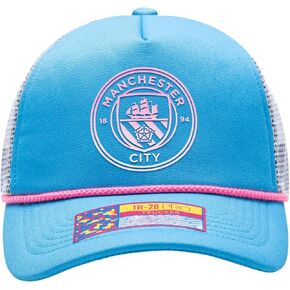 قبعة كرة القدم مانشستر سيتي "Serve" Trucker Snapback القابلة للتعديل (أزرق فاتح/أبيض) in Kuwait