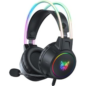 Lightweight Gaming Headsets with Removable Cat Ears,Gradient RGB Light, Wired Over- Ear Headphones for PC/PS4/PS5/XBOX/Switch, Virtual Surround Sound & Noise Cancelling Mic, Auto-Adjust Headband, Pink