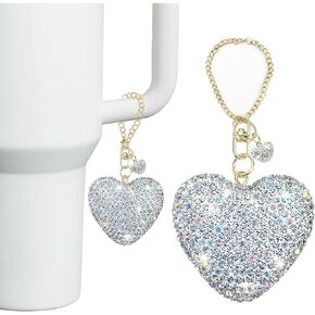 Compatible with Stanley Cup Accessories,Silver Glitter Heart Charm for Stanley Cup with Handle,Bling Cute Keychain for Water Bottles Stanley 40&30 Oz Tumbler for Girls Women (Silver)
