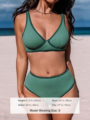 CUPSHE المرأة بيكيني مجموعات قطعتين ثوب السباحة عالية الخصر تغرق الرقبة Underwire عودة التعادل كتلة اللون in Saudi Arabia