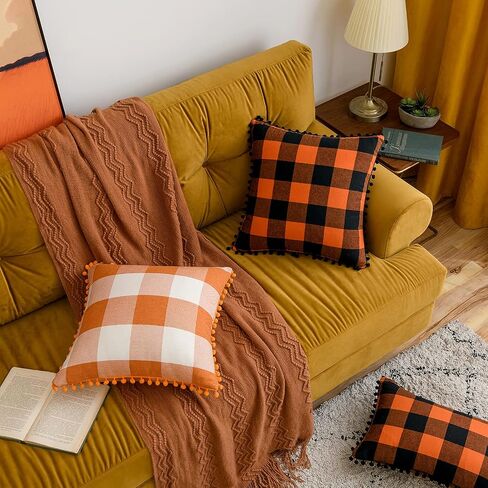 MIULEE Fall Pack of 2 Decorative Classic Farmhouse Buffalo Check Plaids Throw Pillow Covers Polyester Linen Soft Soild Orange Cushion Case for Halloween Sofa Bedroom Outdoor 18 x 18 Inch in Kuwait