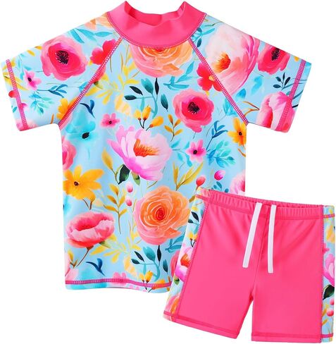 Girls Two Piece Swimsuit Floral UPF 50+ Rash Guard Set Kids Beach Swimwear in Saudi Arabia