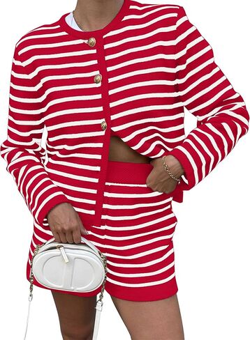Womens Striped 2 Piece Outfits Long Sleeve Crew Neck Button Lounge Short Set Casual Knit Sweater High Waist Shorts in Saudi Arabia