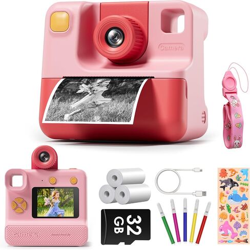Kids Camera Instant Print, Christmas Birthday Gifts for Toddle Girls Boys Age 3-12, 24MP & 1080P Selfie Digital Camera with 3 Roll No-Ink Print Paper 32G SD Card - Black in Saudi Arabia