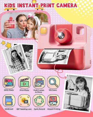 Kids Camera Instant Print, Christmas Birthday Gifts for Toddle Girls Boys Age 3-12, 24MP & 1080P Selfie Digital Camera with 3 Roll No-Ink Print Paper 32G SD Card - Black in Saudi Arabia