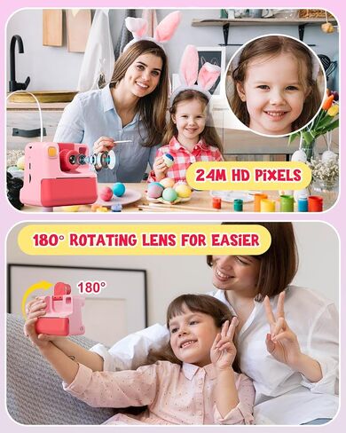 Kids Camera Instant Print, Christmas Birthday Gifts for Toddle Girls Boys Age 3-12, 24MP & 1080P Selfie Digital Camera with 3 Roll No-Ink Print Paper 32G SD Card - Black in Saudi Arabia