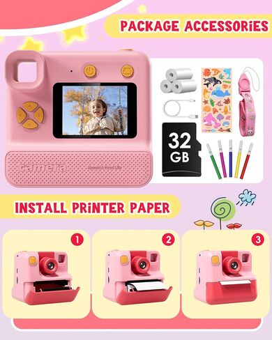 Kids Camera Instant Print, Christmas Birthday Gifts for Toddle Girls Boys Age 3-12, 24MP & 1080P Selfie Digital Camera with 3 Roll No-Ink Print Paper 32G SD Card - Black in Saudi Arabia