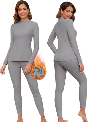 WOWENY Mock Neck Thermal Underwear Set For Women Long Johns Base Layer Fleece Lined Top And Bottom Cold Weather in Kuwait