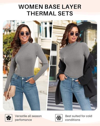 WOWENY Mock Neck Thermal Underwear Set For Women Long Johns Base Layer Fleece Lined Top And Bottom Cold Weather in Kuwait