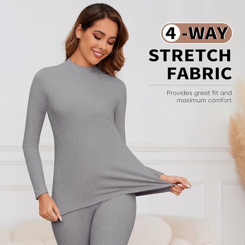 WOWENY Mock Neck Thermal Underwear Set For Women Long Johns Base Layer Fleece Lined Top And Bottom Cold Weather in Kuwait