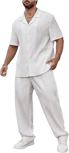 طقم ملابس صيفية للرجال من SOLY HUX مقاس كبير مكون من قطعتين بأكمام قصيرة وأزرار سفلية وقميص وسراويل in Kuwait