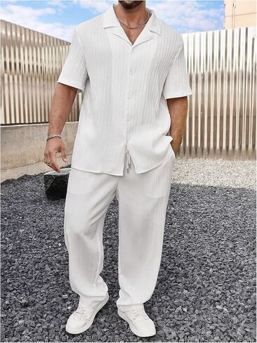 طقم ملابس صيفية للرجال من SOLY HUX مقاس كبير مكون من قطعتين بأكمام قصيرة وأزرار سفلية وقميص وسراويل in Kuwait