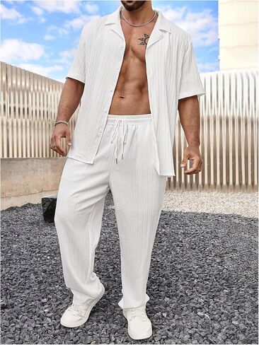 طقم ملابس صيفية للرجال من SOLY HUX مقاس كبير مكون من قطعتين بأكمام قصيرة وأزرار سفلية وقميص وسراويل in Kuwait